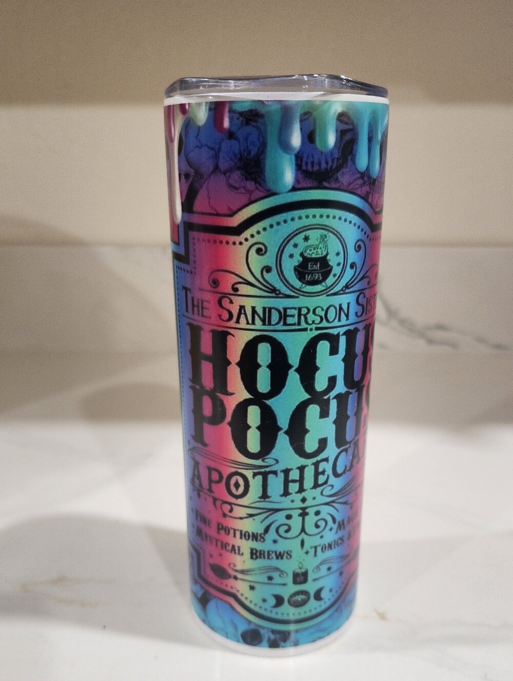 Hocus Pocus Apothecary Tumbler with Lid 20oz (blue glow in the dark)